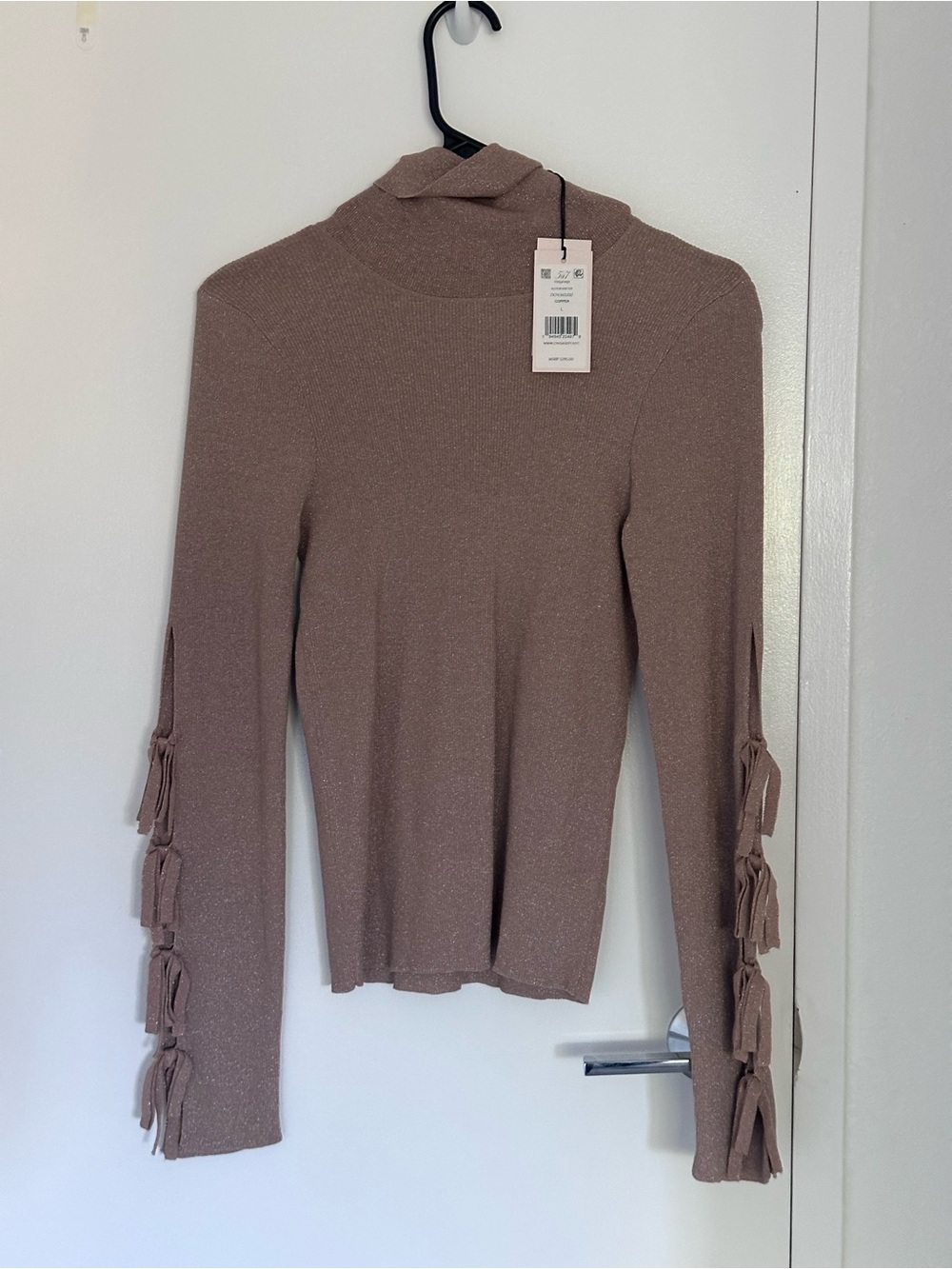 Cinq a sept Taupe Turtleneck Sweater with Sleeve Tassels L NWT